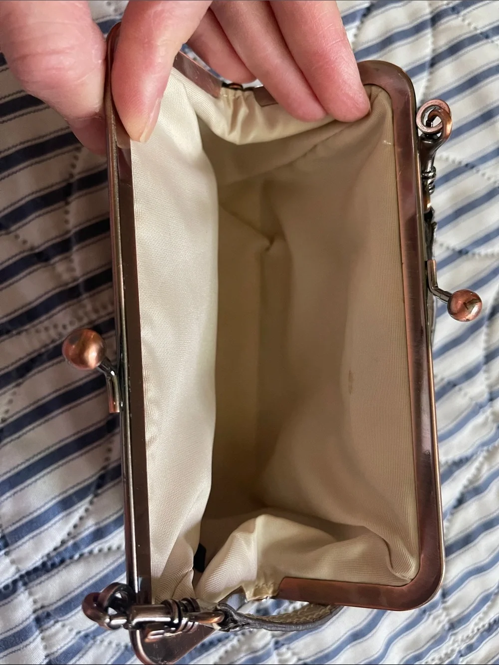 GUESS Gold and Brown Vintage 90s Brocade Top-Handle Frame Mini Bag